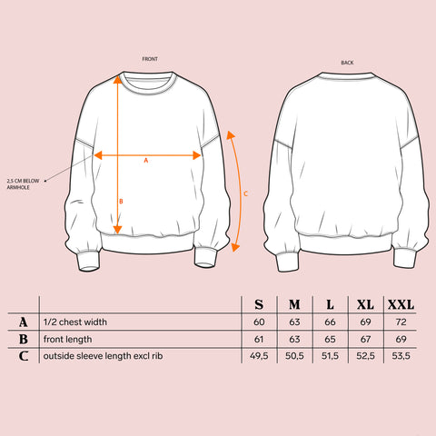 Technische Zeichnung eines Sweaters mit Maßangaben für Brustweite, Vorderlänge und Ärmellänge in den Größen S bis XXL.